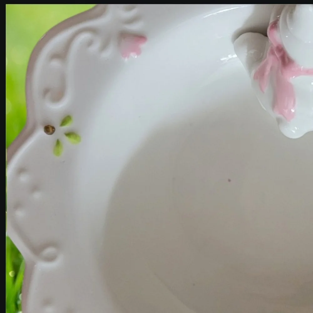 Porcelain Bunny Trinket Dish Colored Accents With Glitter Eggs 7" Width - Picture 8 of 11